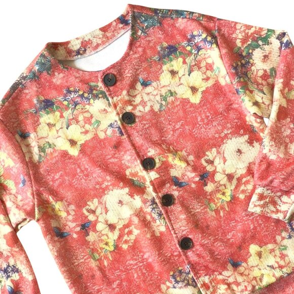 Floral Cardigan Size L Pink Orange Butterfly Garden Button Front Layer Top - Picture 11 of 11
